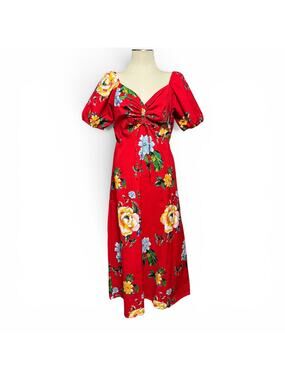 NAOO Cotton Short Sleeve Tropical Midi Dress Red Floral XL